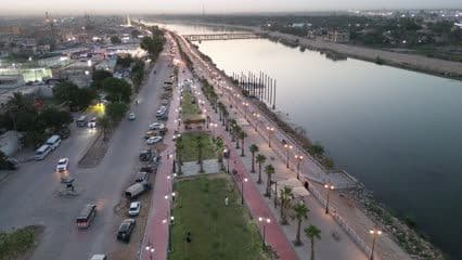 Kufa Corniche, aerial shot, Kufa Bridge