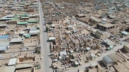 Wadi al-Salam Cemetery, Najaf, aerial shot with sideways movement