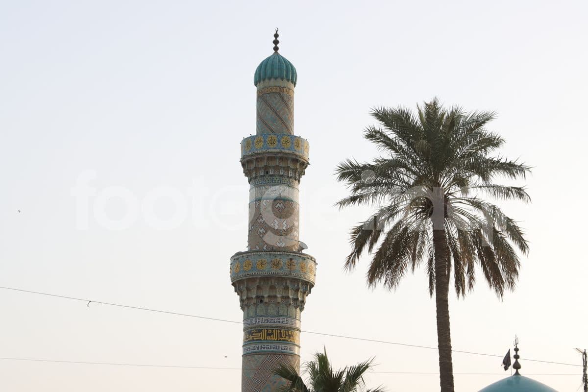 A mosque, a palm tree, and a mosque minaret